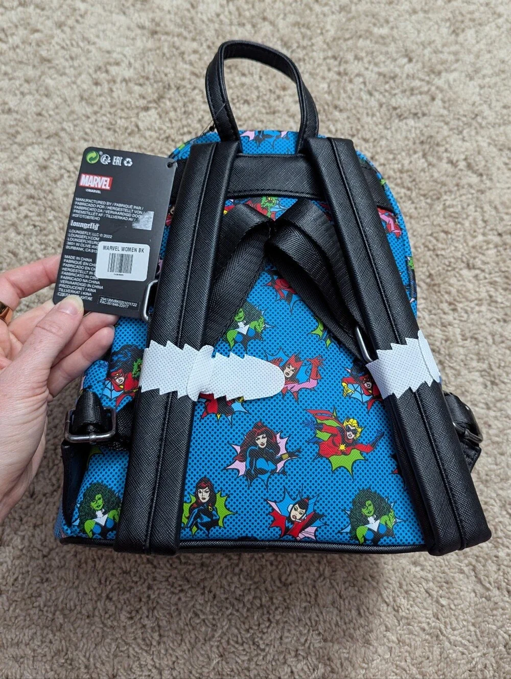 NWT! Loungefly Marvel Comics Women Superheroes Mini Backpack, Blue Pop-Art Print